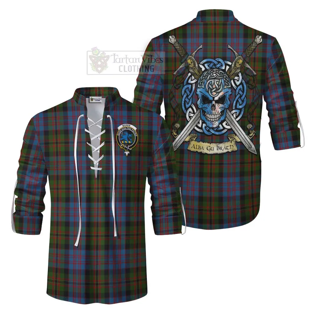 Bowie Tartan Ghillie Kilt Shirt with Family Crest Celtic Skull Style
