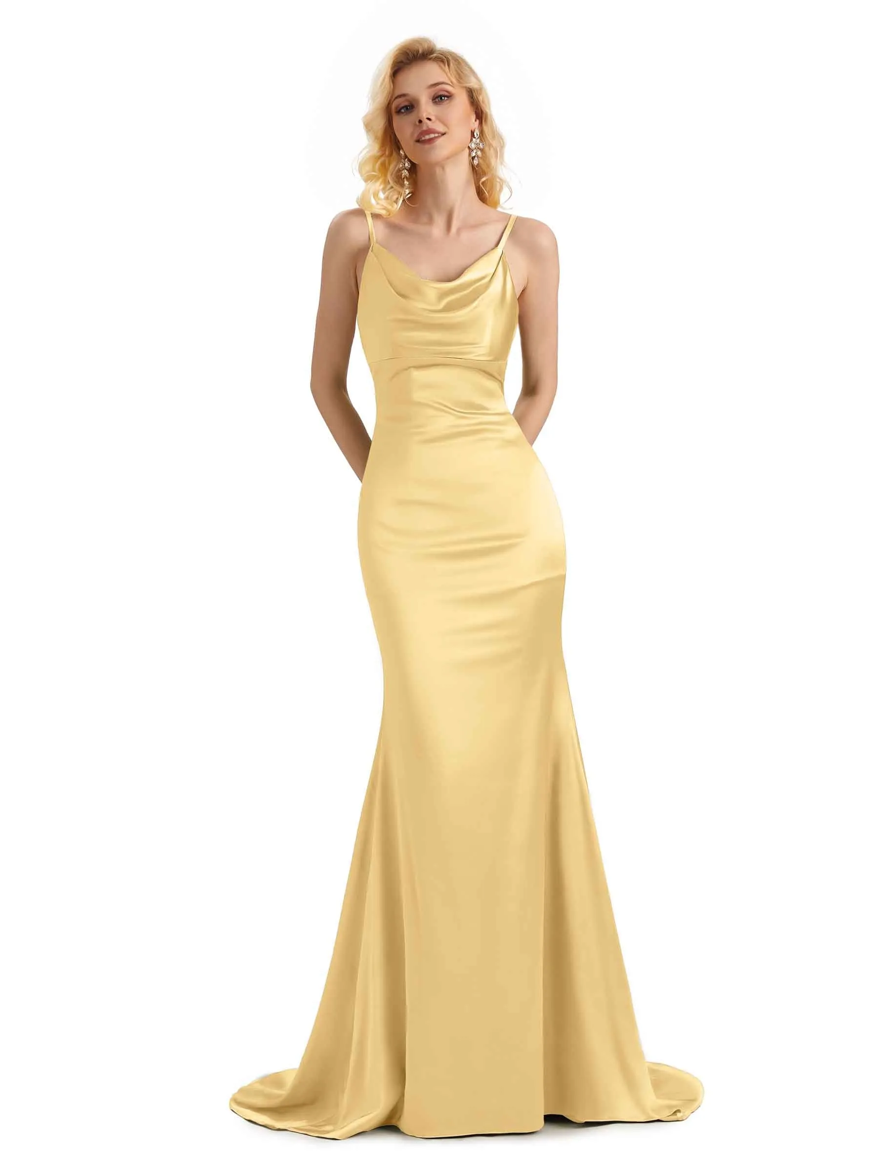 Elegant Soft Satin Cowl Neck Criss Cross Long Mermaid Bridesmaid Dresses Online