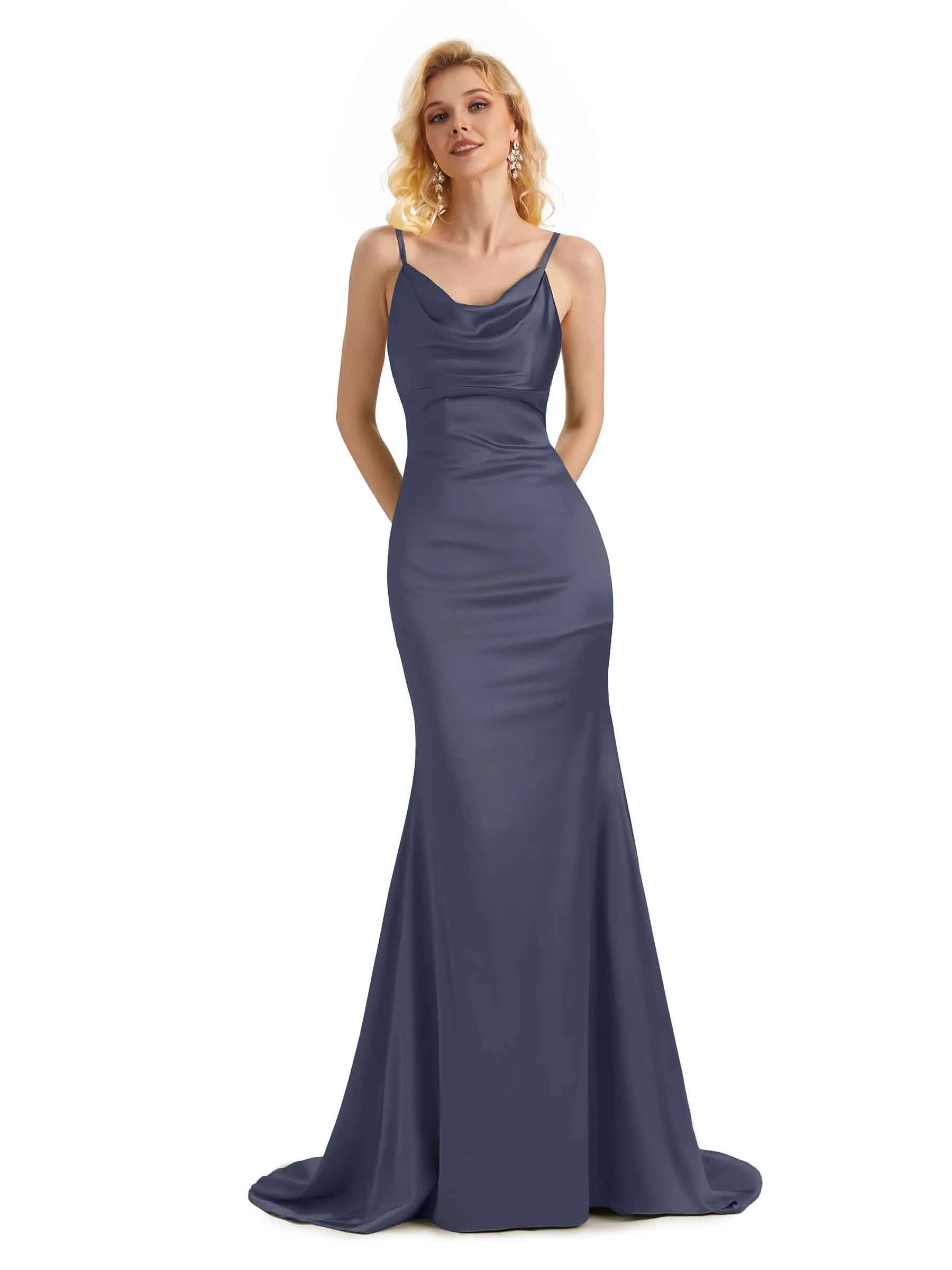 Elegant Soft Satin Cowl Neck Criss Cross Long Mermaid Bridesmaid Dresses Online