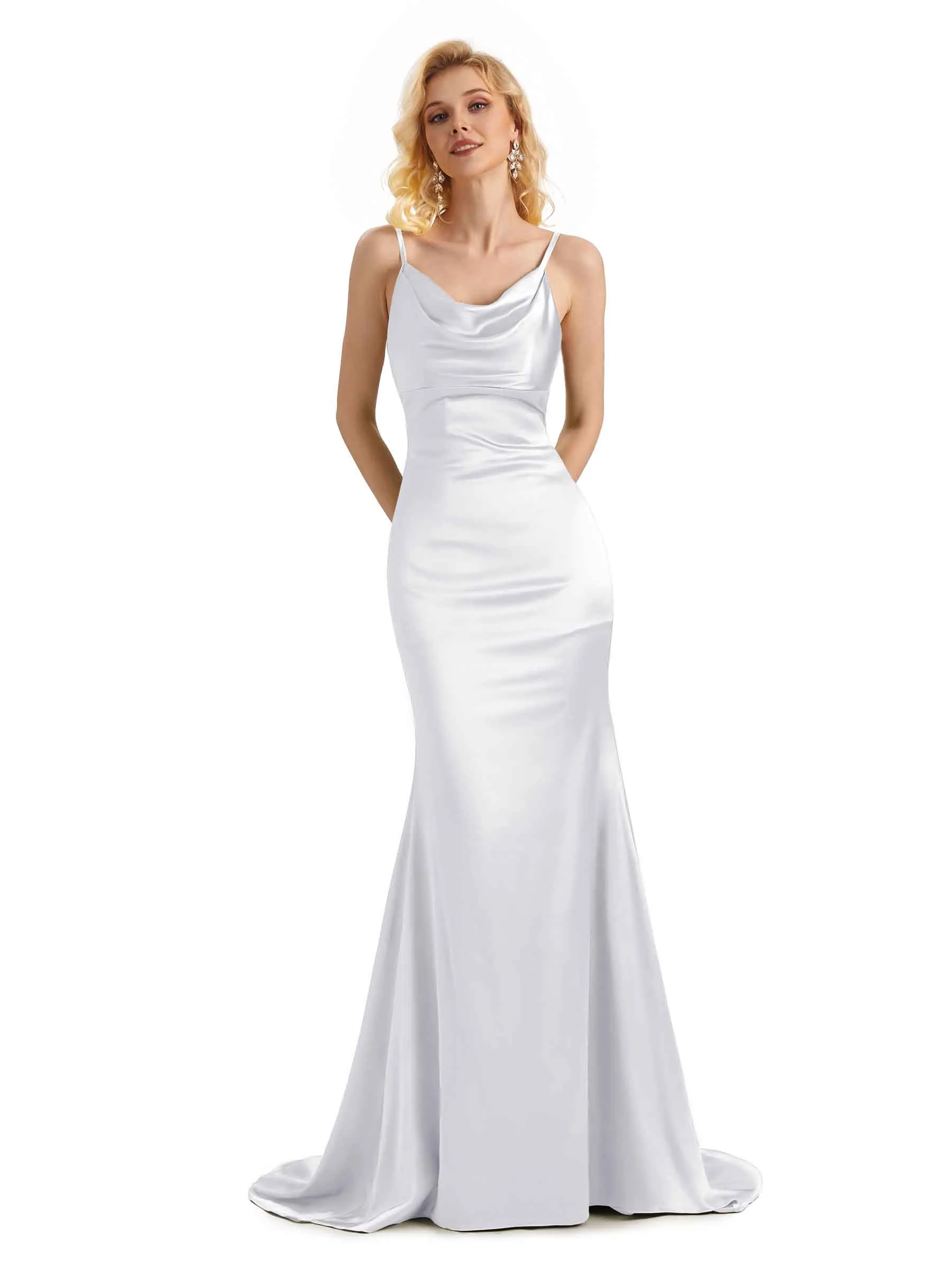Elegant Soft Satin Cowl Neck Criss Cross Long Mermaid Bridesmaid Dresses Online