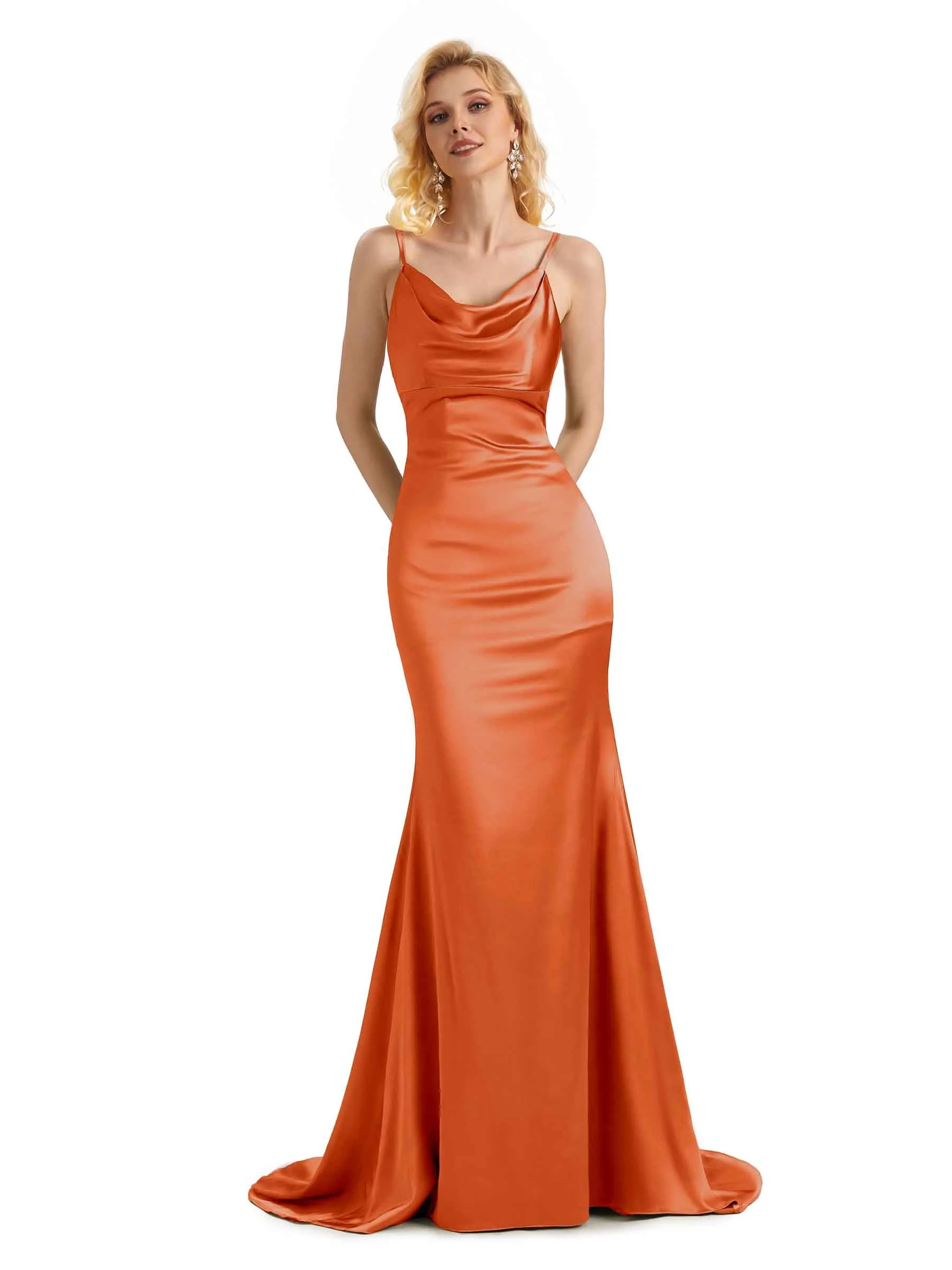 Elegant Soft Satin Cowl Neck Criss Cross Long Mermaid Bridesmaid Dresses Online