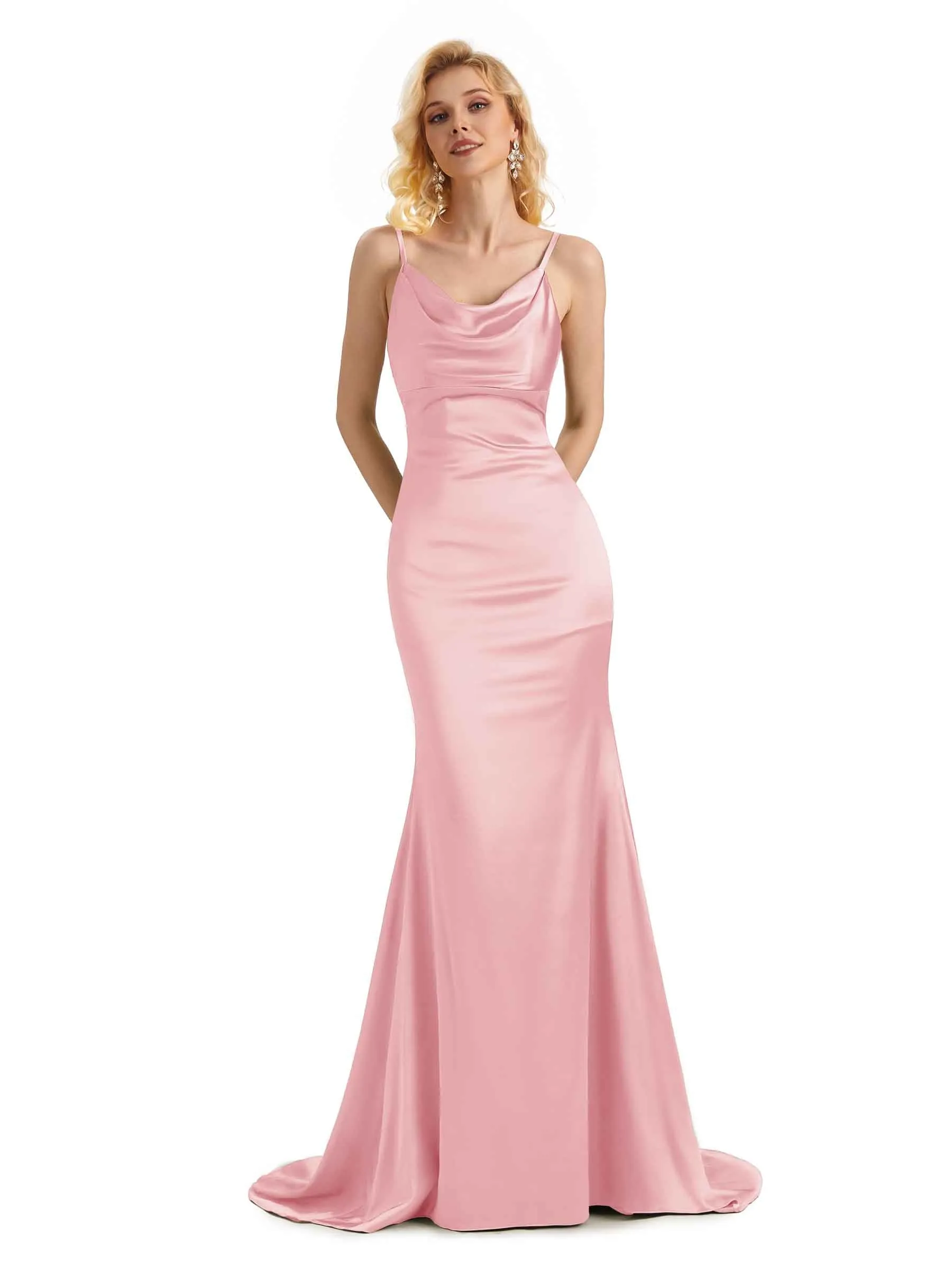 Elegant Soft Satin Cowl Neck Criss Cross Long Mermaid Bridesmaid Dresses Online