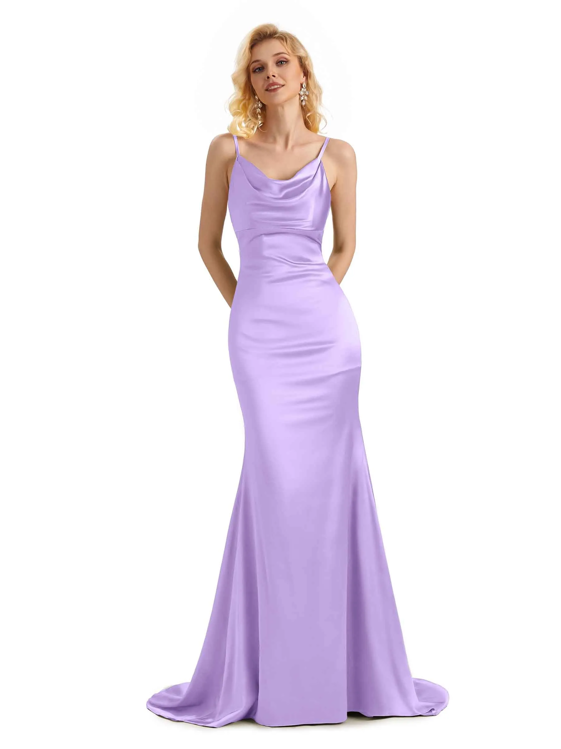 Elegant Soft Satin Cowl Neck Criss Cross Long Mermaid Bridesmaid Dresses Online