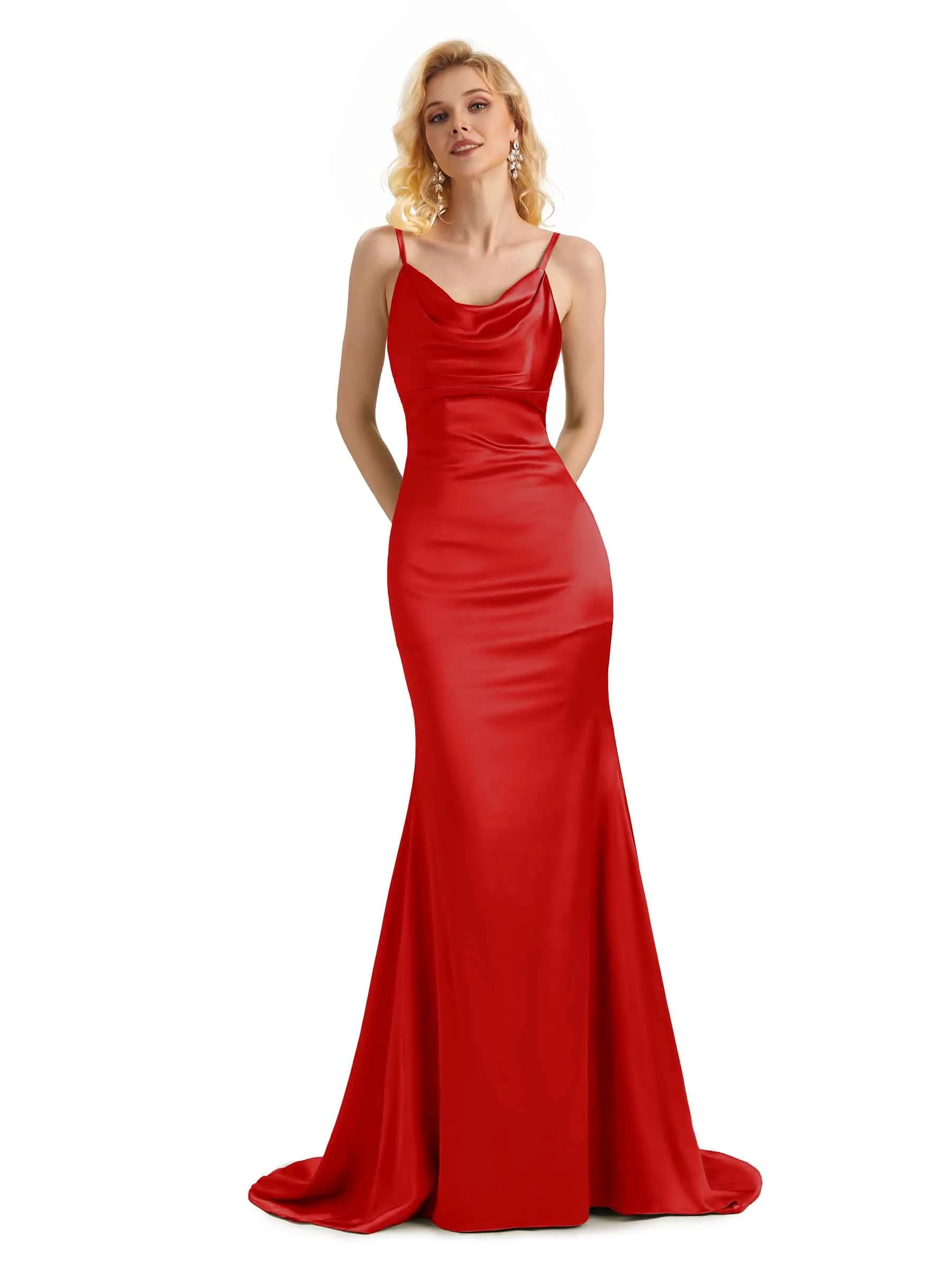 Elegant Soft Satin Cowl Neck Criss Cross Long Mermaid Bridesmaid Dresses Online