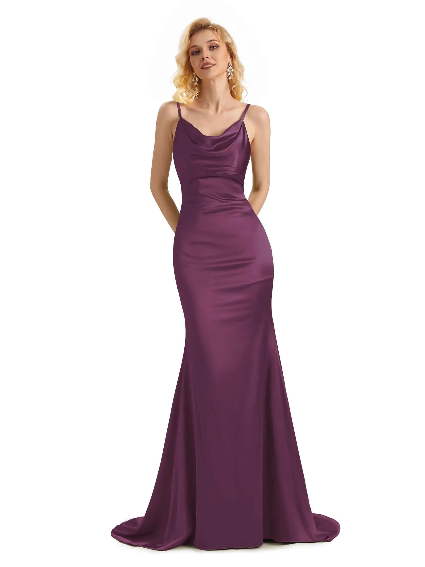 Elegant Soft Satin Cowl Neck Criss Cross Long Mermaid Bridesmaid Dresses Online