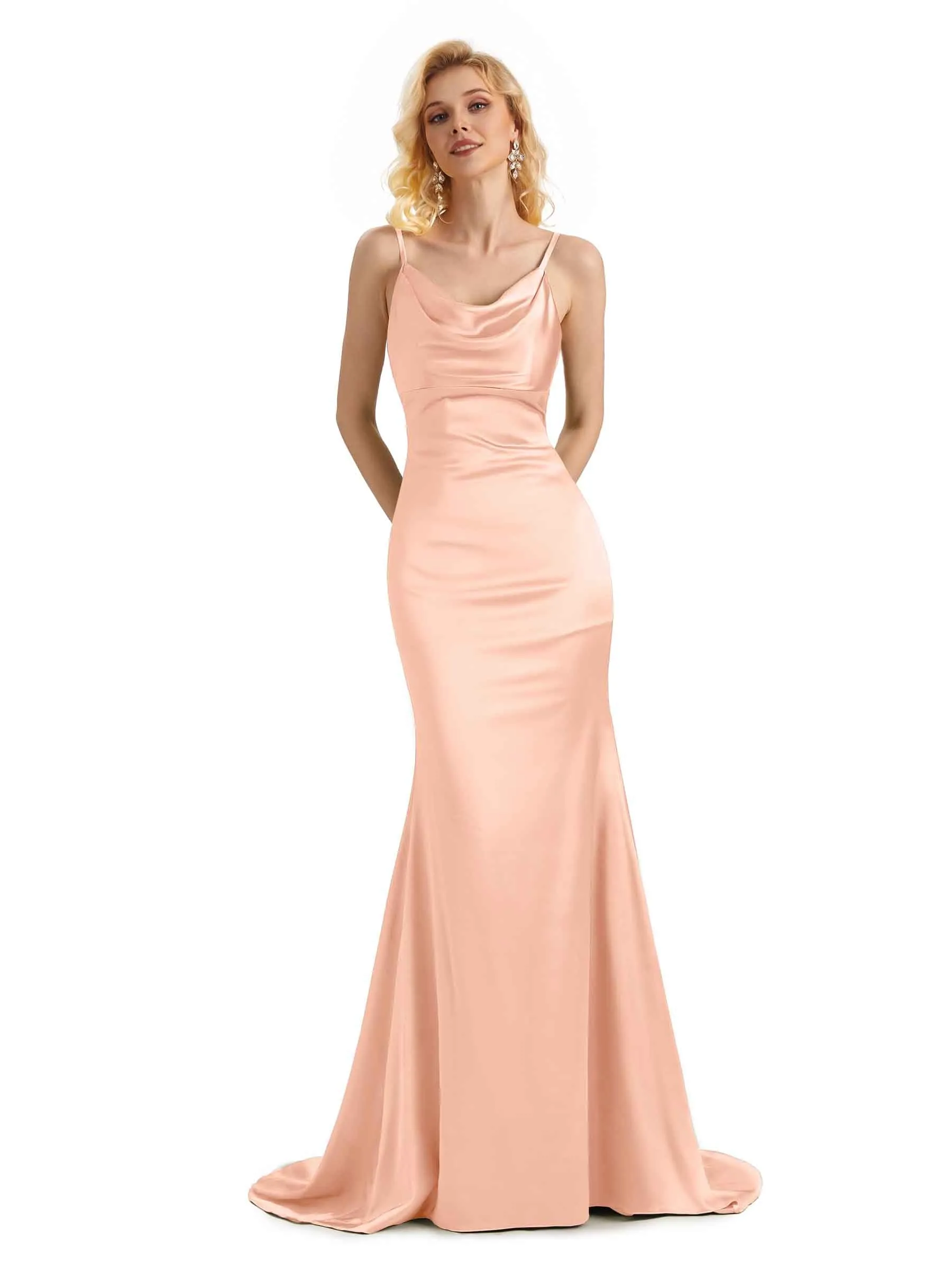 Elegant Soft Satin Cowl Neck Criss Cross Long Mermaid Bridesmaid Dresses Online
