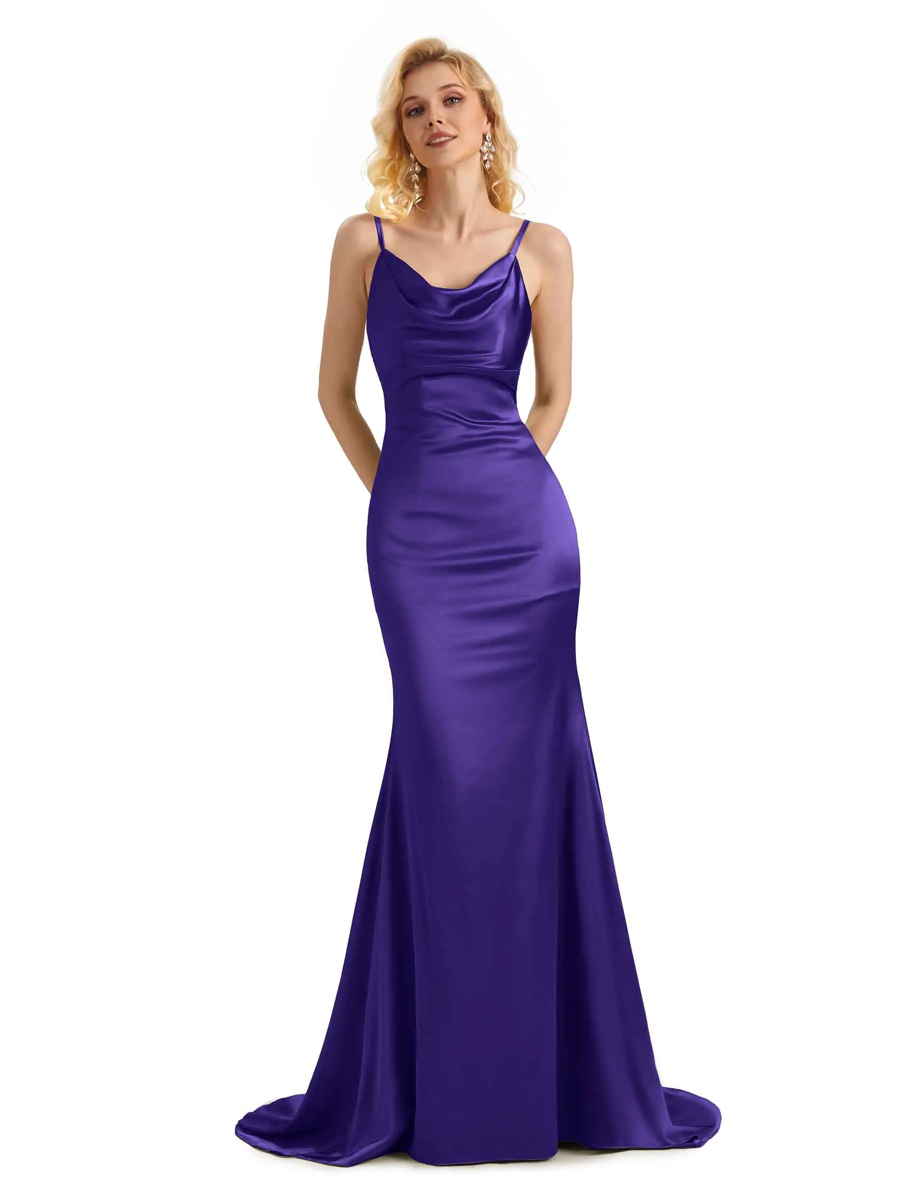 Elegant Soft Satin Cowl Neck Criss Cross Long Mermaid Bridesmaid Dresses UK
