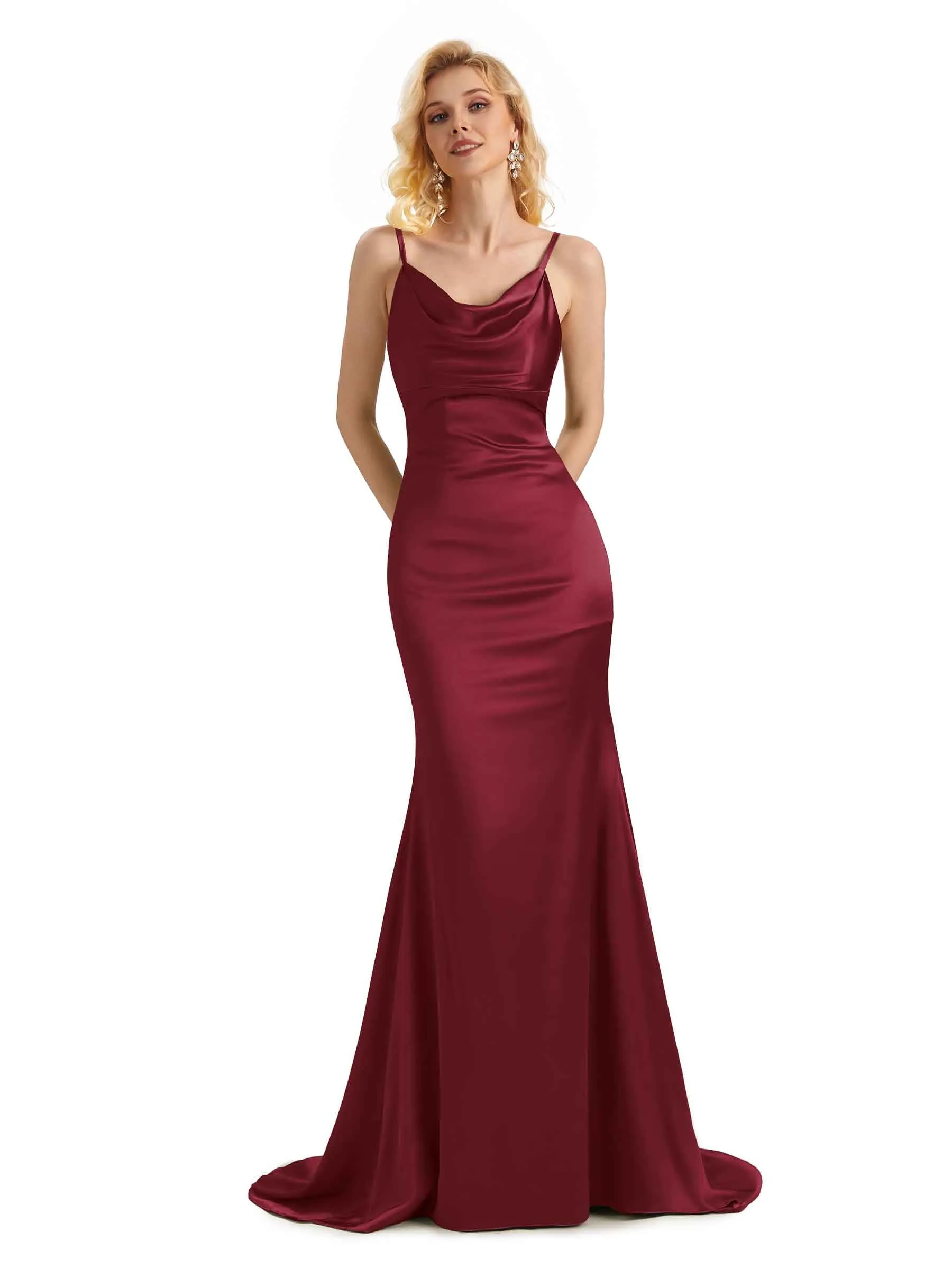 Elegant Soft Satin Cowl Neck Criss Cross Long Mermaid Evening Prom Dresses Online