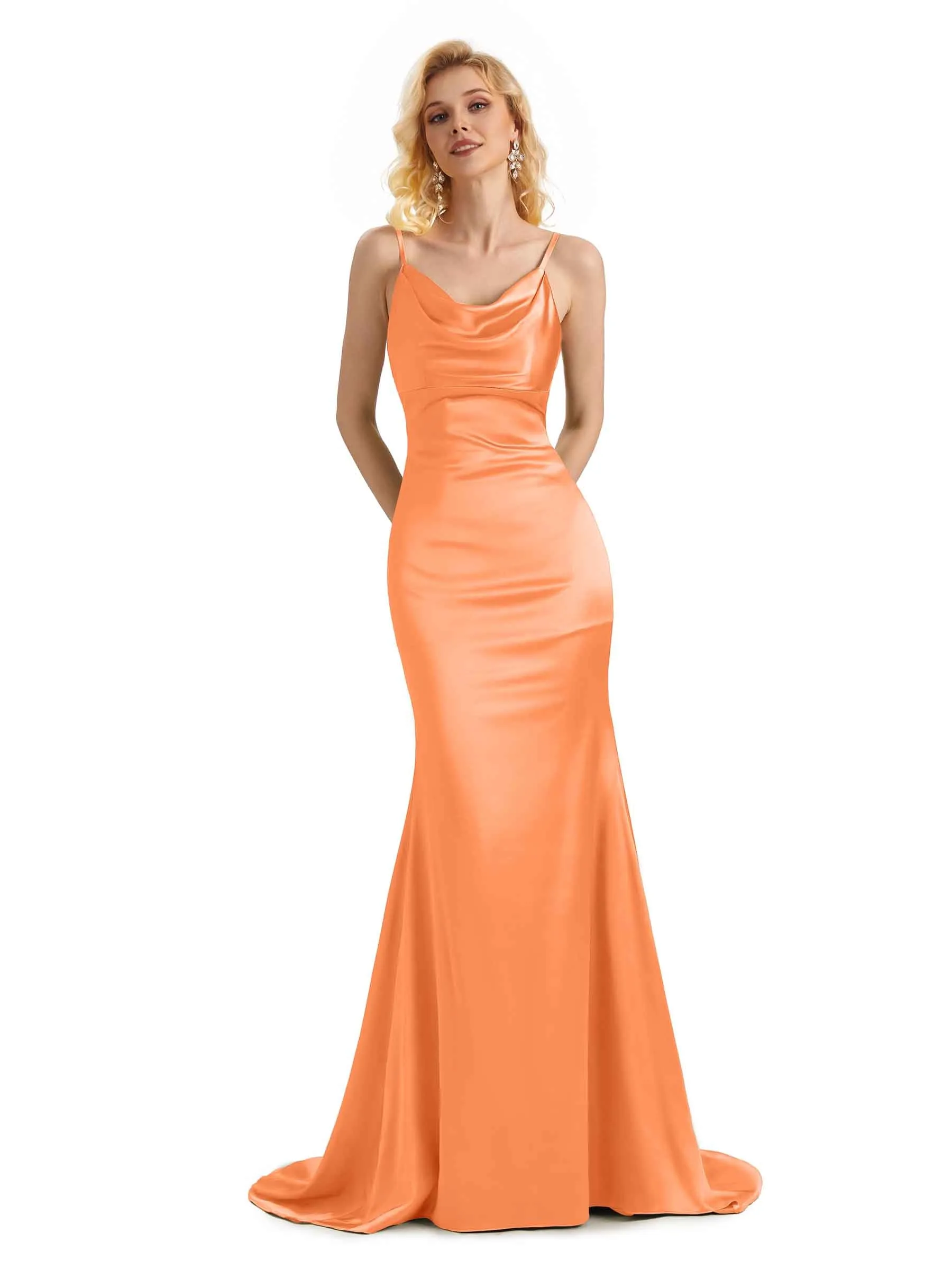 Elegant Soft Satin Cowl Neck Criss Cross Long Mermaid Evening Prom Dresses Online