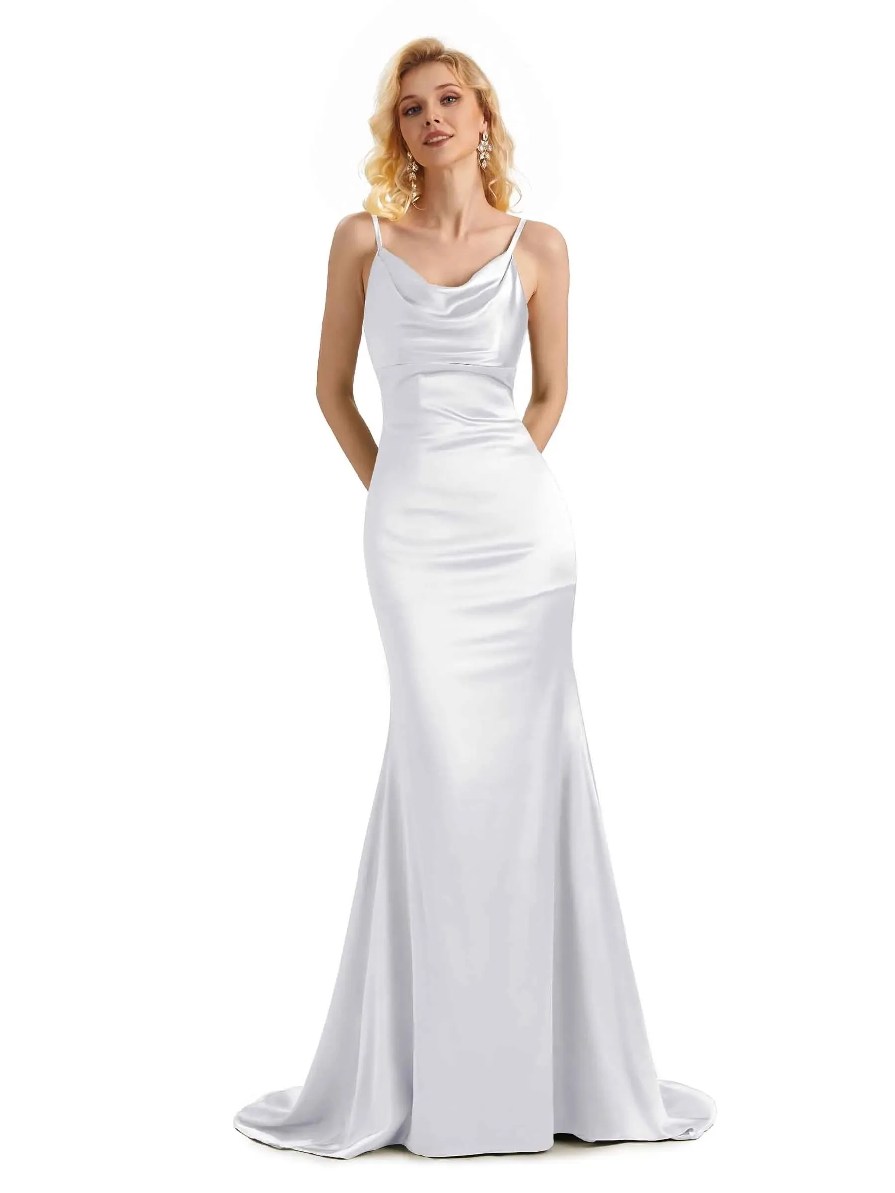 Elegant Soft Satin Cowl Neck Criss Cross Long Mermaid Prom Dresses Online