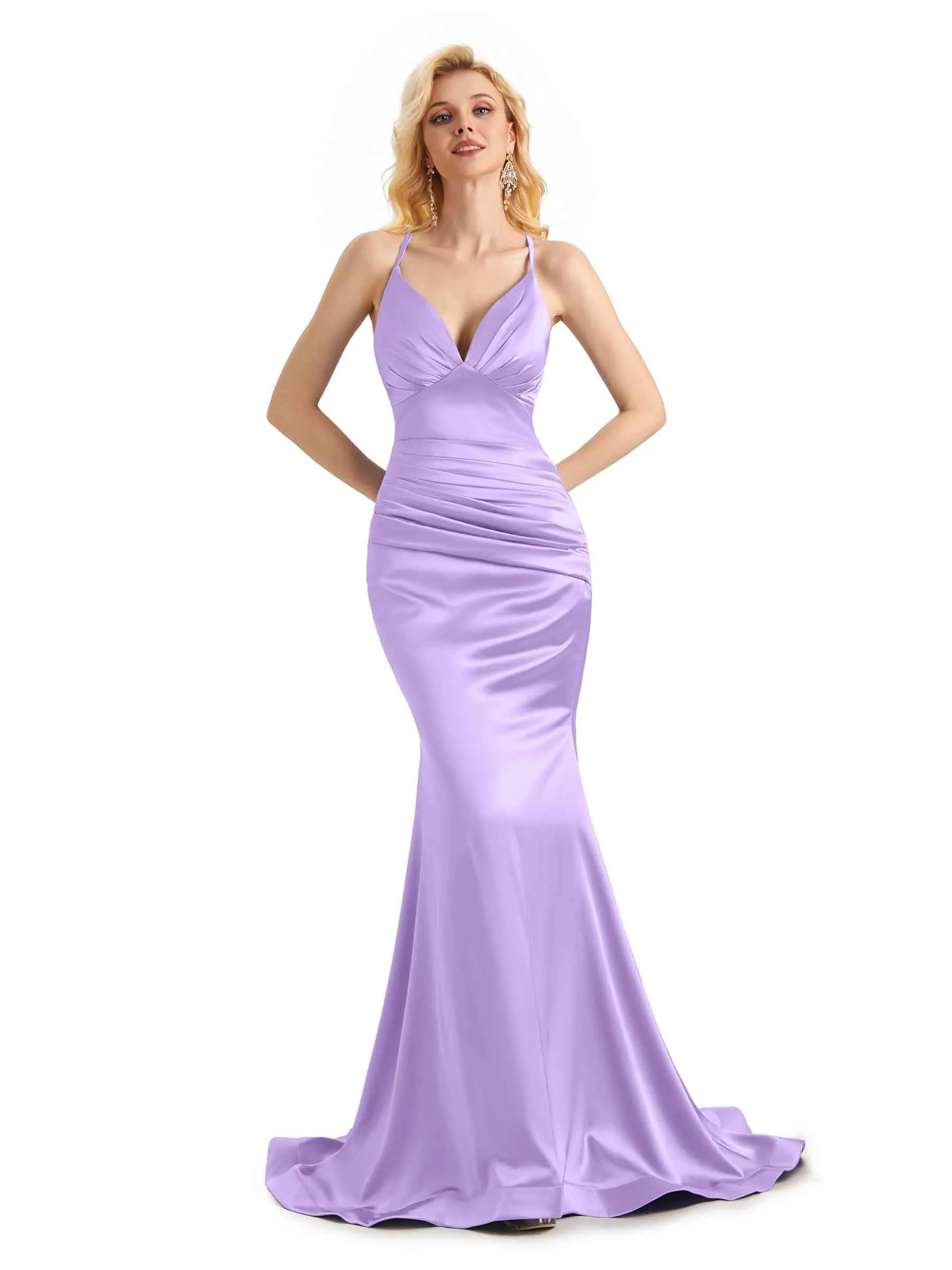 Elegant Soft Satin Mermaid Spaghetti Straps V-Neck Backless Long Bridesmaid Dresses Online