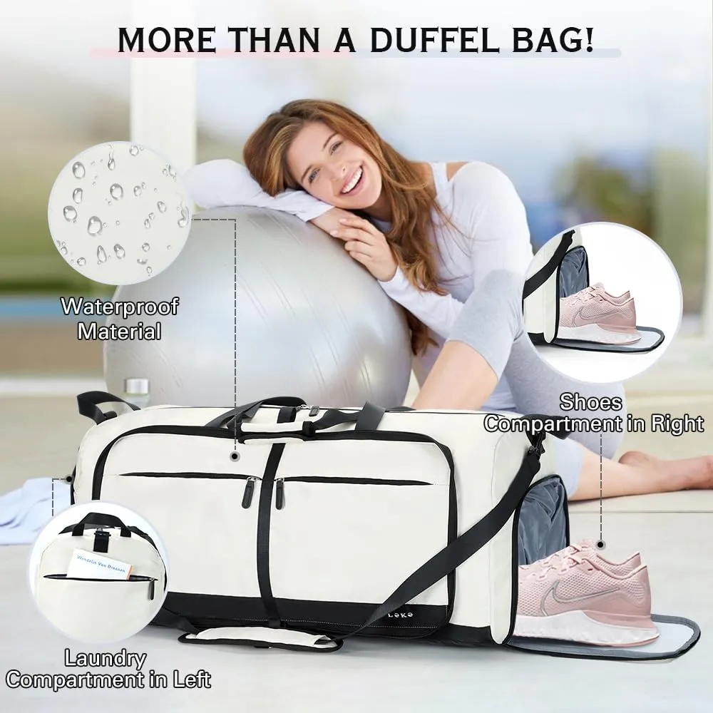 Lekesky Travel Duffel Bag Bag for Women 80L Large Duffel Bag Foldable Weekender Bag with Shoes Compartment(02White)